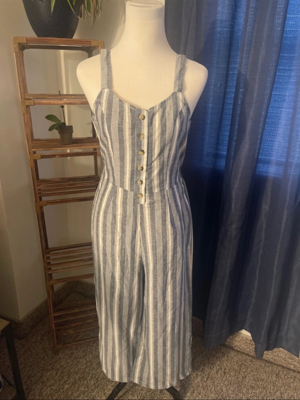 Sleeveless Blue and White Striped Button-Front Jumpsuit